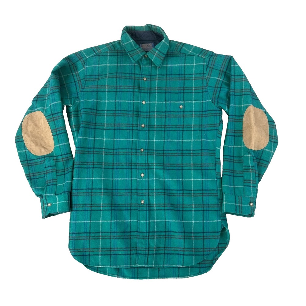 Vintage Pendleton Shirt Mens Medium Green Plaid Wool Flannel Elbow Patches USA